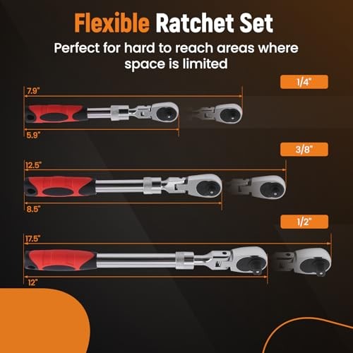Extendable Socket Wrench, Flex Head Ratchet Set 1/2” 3/8” 1/4” Drive, 72
