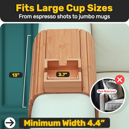 Bamboo Couch Tray & Armrest with Cup Holder - Versatile Drink & Snack Holder