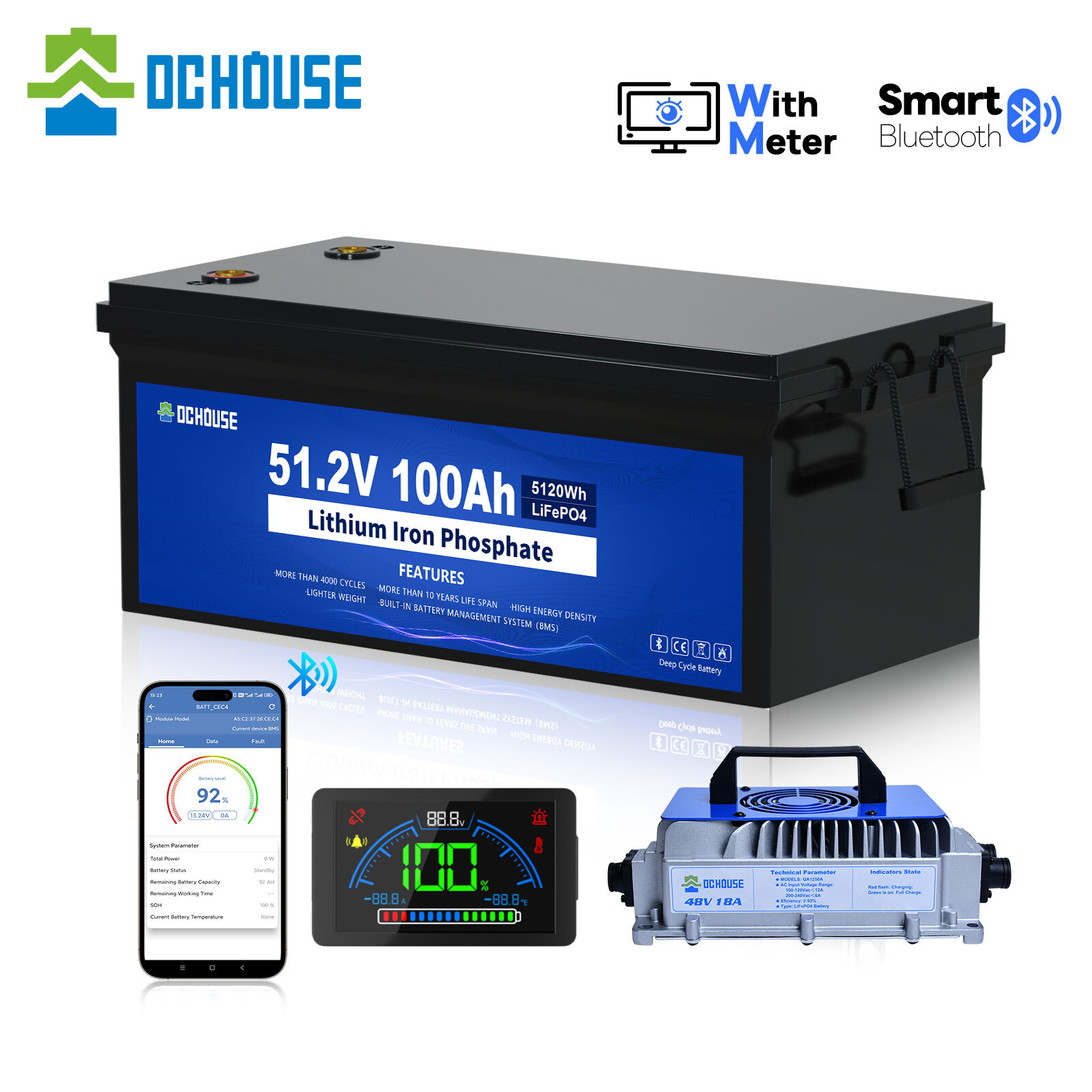 48V 100Ah Lithium LiFePO4 Battery with 18A Charger Golf Cart, Trolling Motor RV