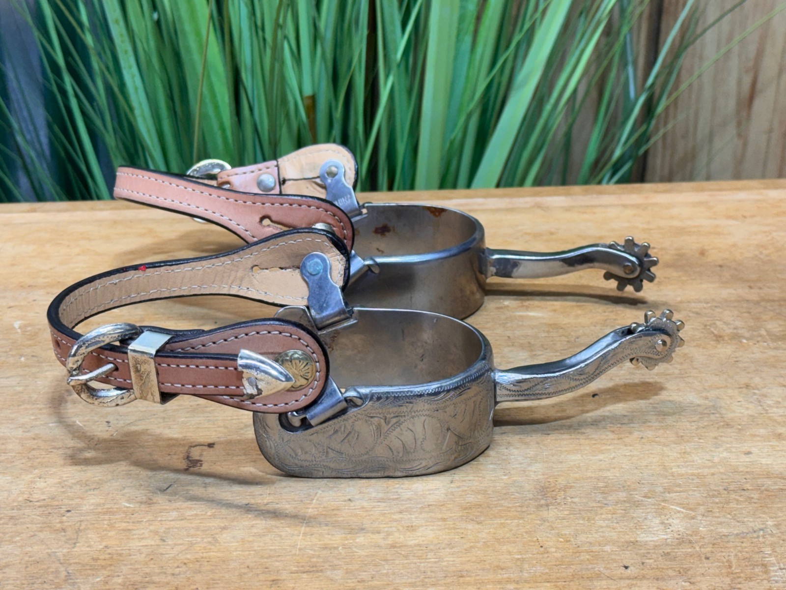 Silver Mounted Long Shank SS Western EQUITATION Spurs w Leather Straps