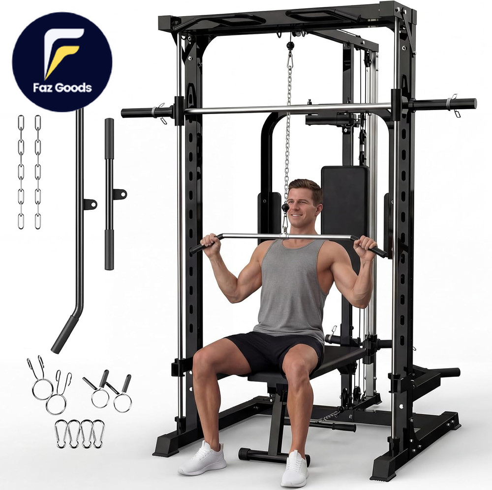 Smith Machine Heavy Duty Power Cage Squat Rack with Smith Bar LAT Pulldown