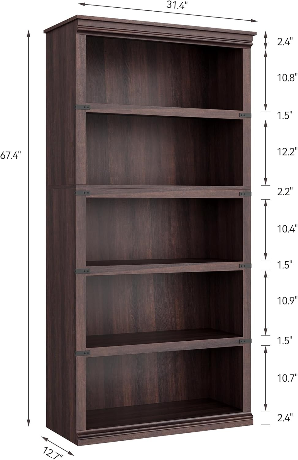 Cherry 5-Tier Wooden Bookcase with Open Display Shelves for Home Office
