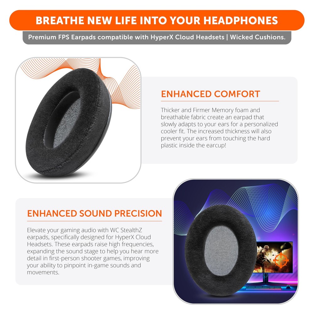WC StealthZ Cloud FPS Earpads for HyperX Cloud Alpha, Cloud 2, Flight - Gaming