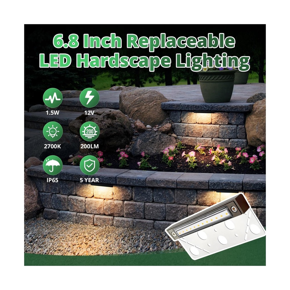 GKOLED 8-Pack Replaceable 6.8" LED Hardscape Lights, Low Voltage Retaining Wa...