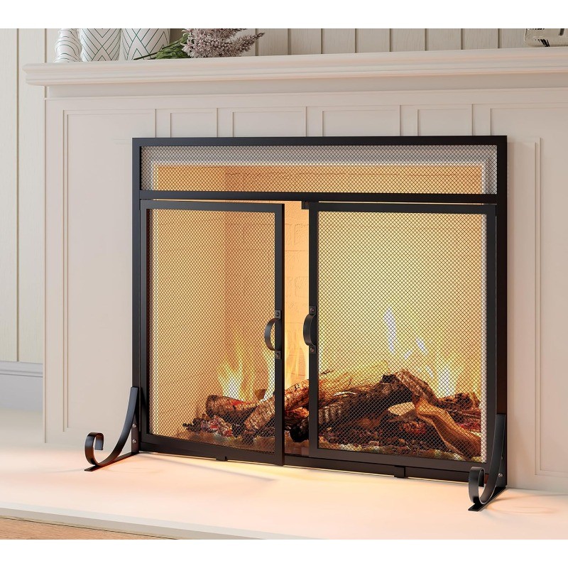 Screen with Doors,Solid Wrought Iron Frame with Metal Mesh,Flat Panel Decorative
