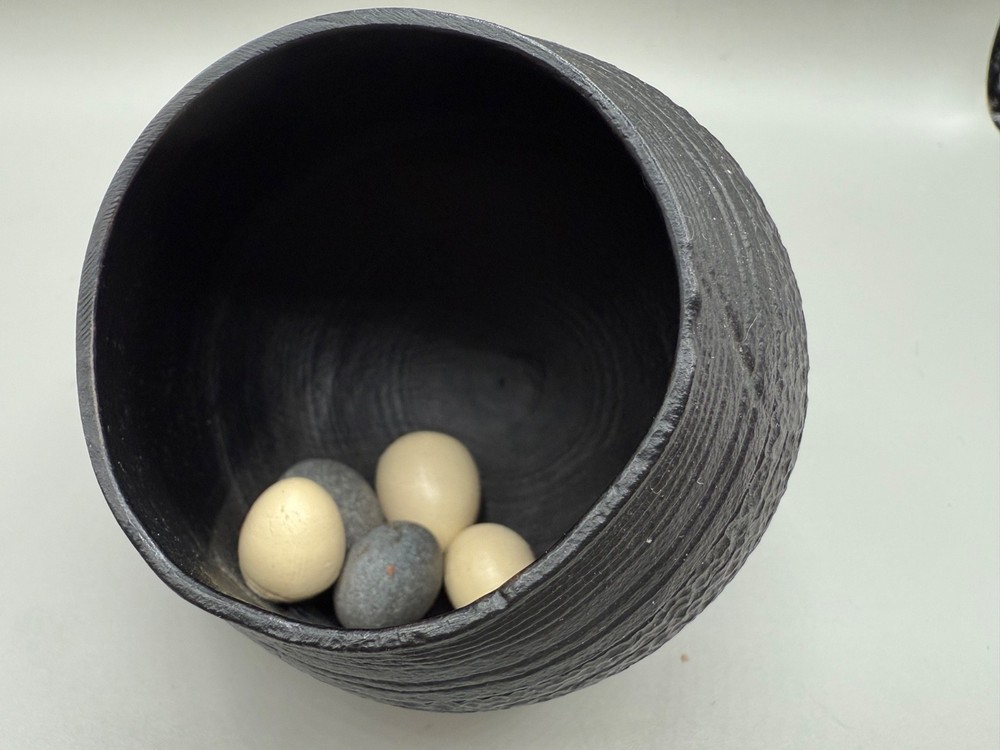 ESTATE ABSTRACT ART POT PLASTIC OR NUT SHELL EGGS SIGNED STUDIO 2001 UNIQUE