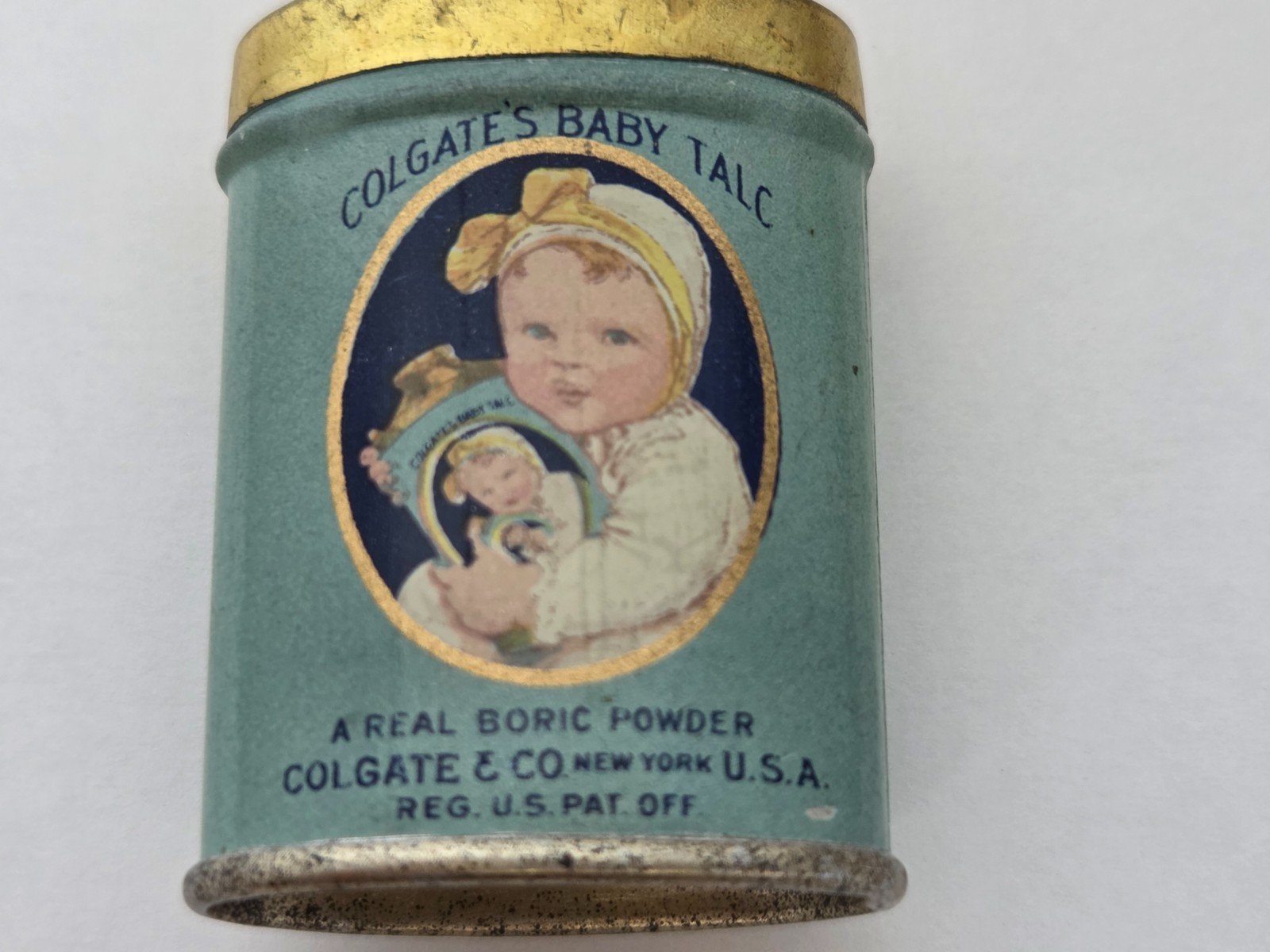 VINTAGE COLGATE'S BABY SAMPLE TALC TALCUM POWDER TIN ADVERTISING