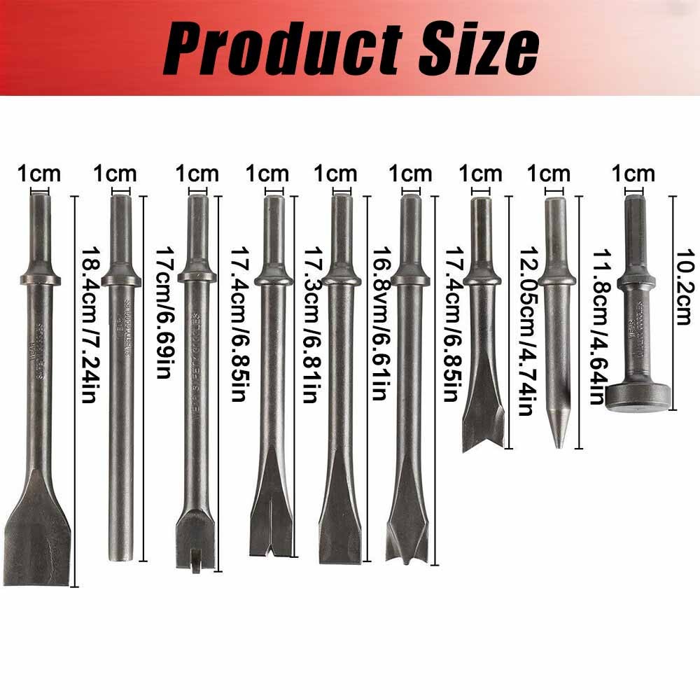9Pcs Pneumatic Air Hammer Punch Chipping Bits Tool Chisel 0.39In Shank Tool Sets