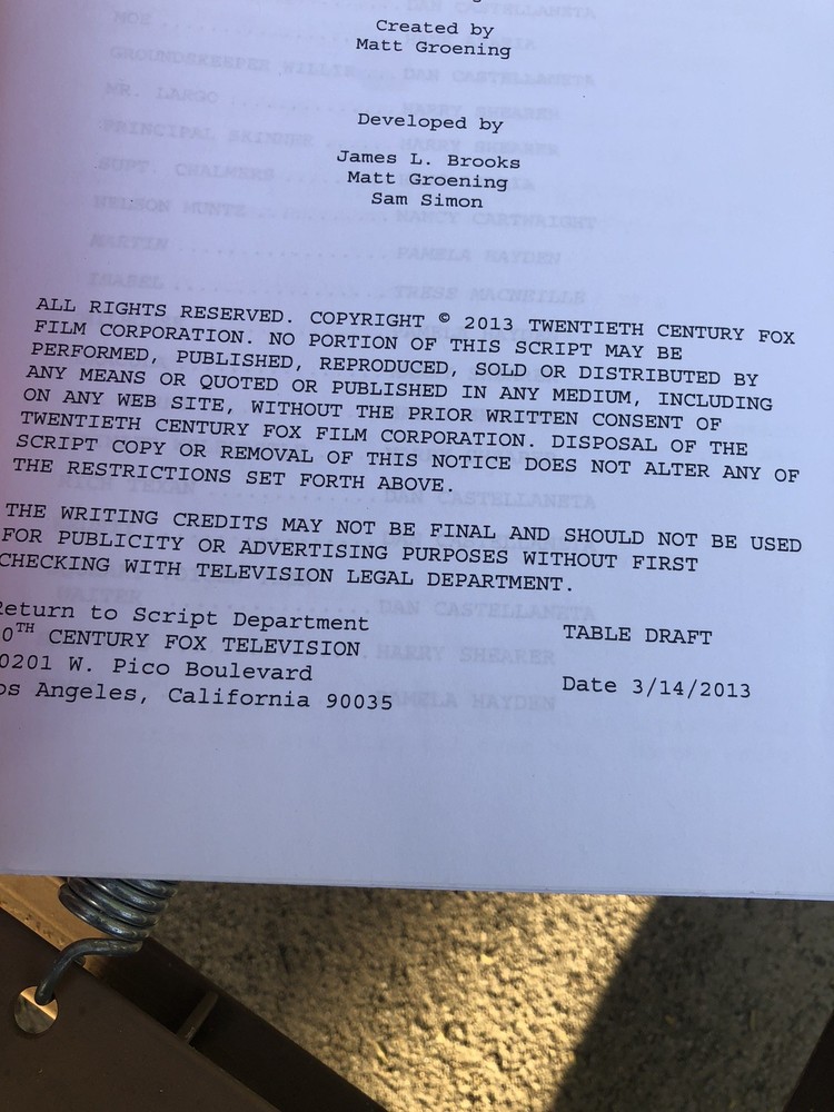 The Simpsons The Kid Is All Right 2013 Table Draft Production Script No SABF02
