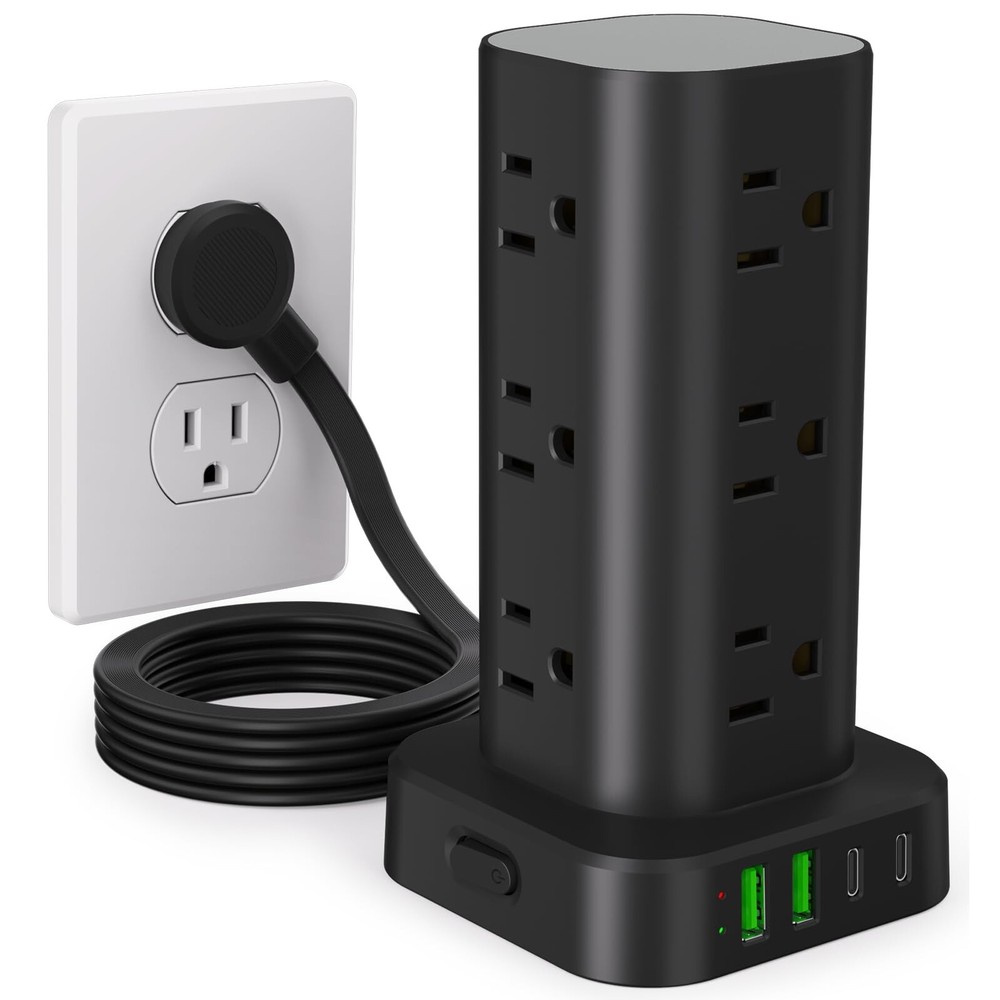 Power Strip Tower with Multiple Outlets, Flat Plug Surge Protector ... Fast Ship