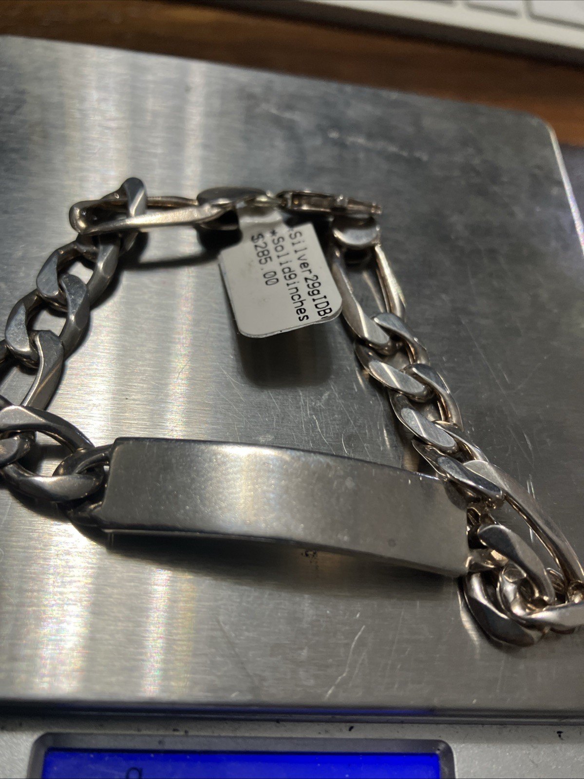 Sterling Silver 925 Figaro ID Men’s Bracelet 29 Grams 9 Inches Natural Patina