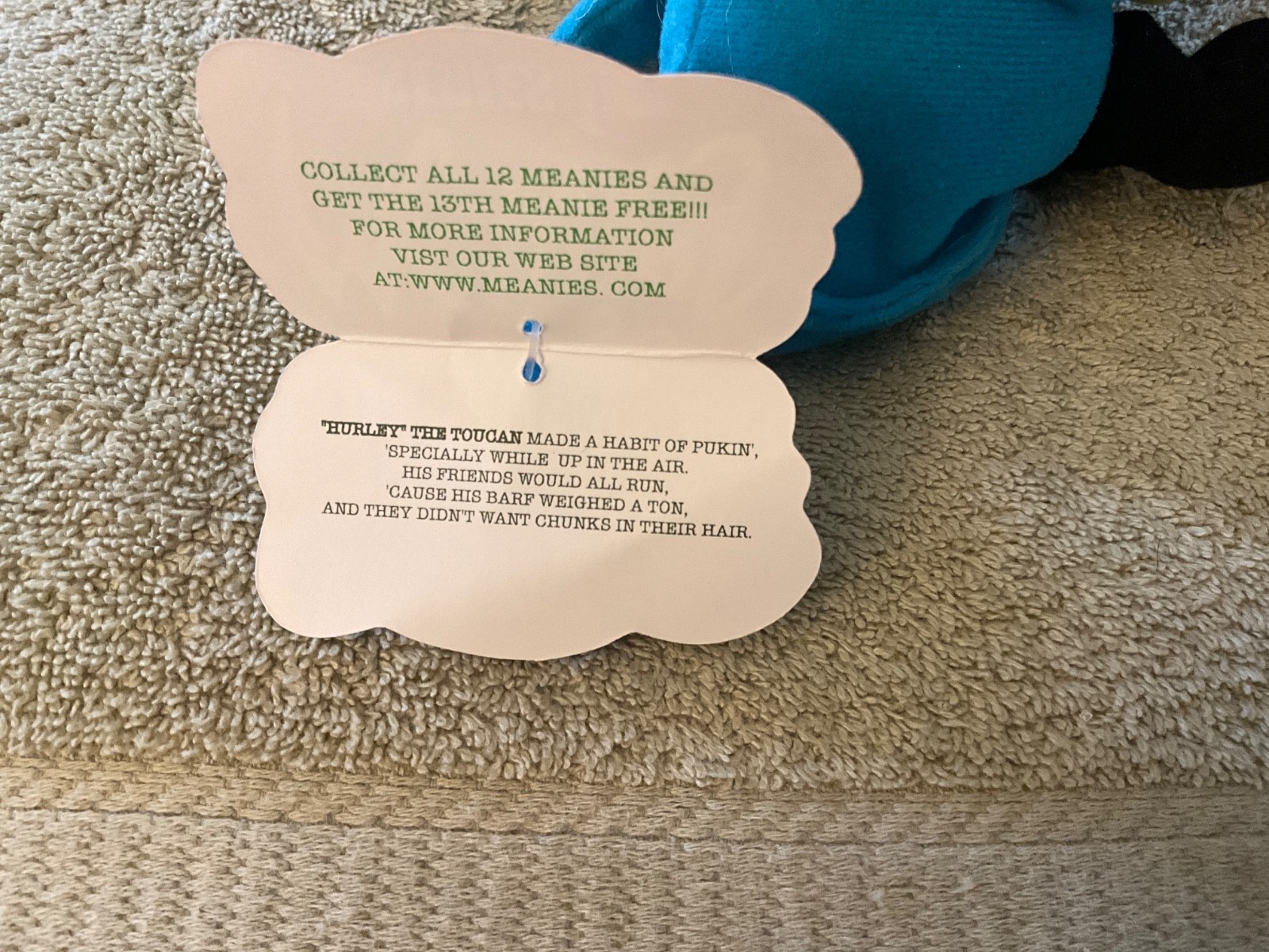 New Vintage 1997 Meanies Series 1 HURLEY THE TOUCAN Bean Bag Plush