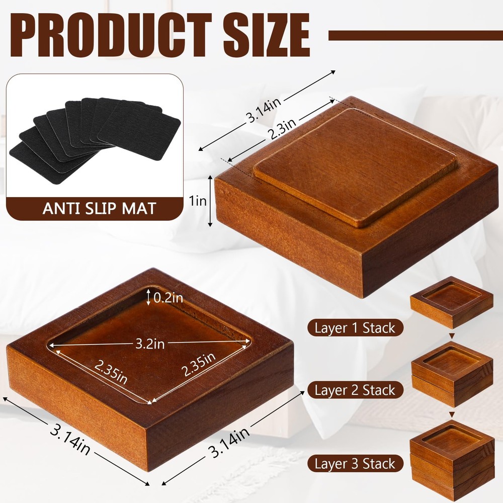 8 Pack Bed Risers Solid Wood Lifts Height Adjustable 1-4 Inch Walnut