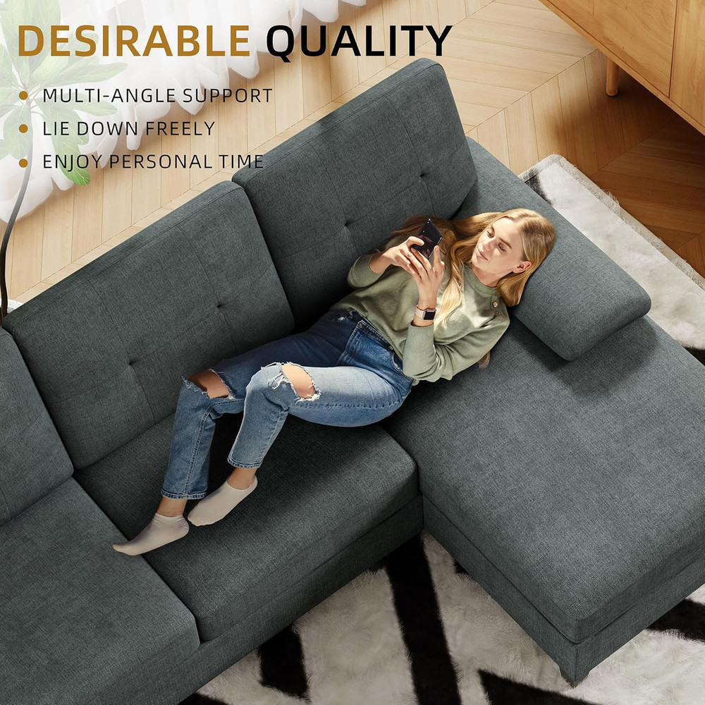 106" U-Shaped Modern Sofa Modular Sectional Cloud Couch with Chaise, Dark Grey