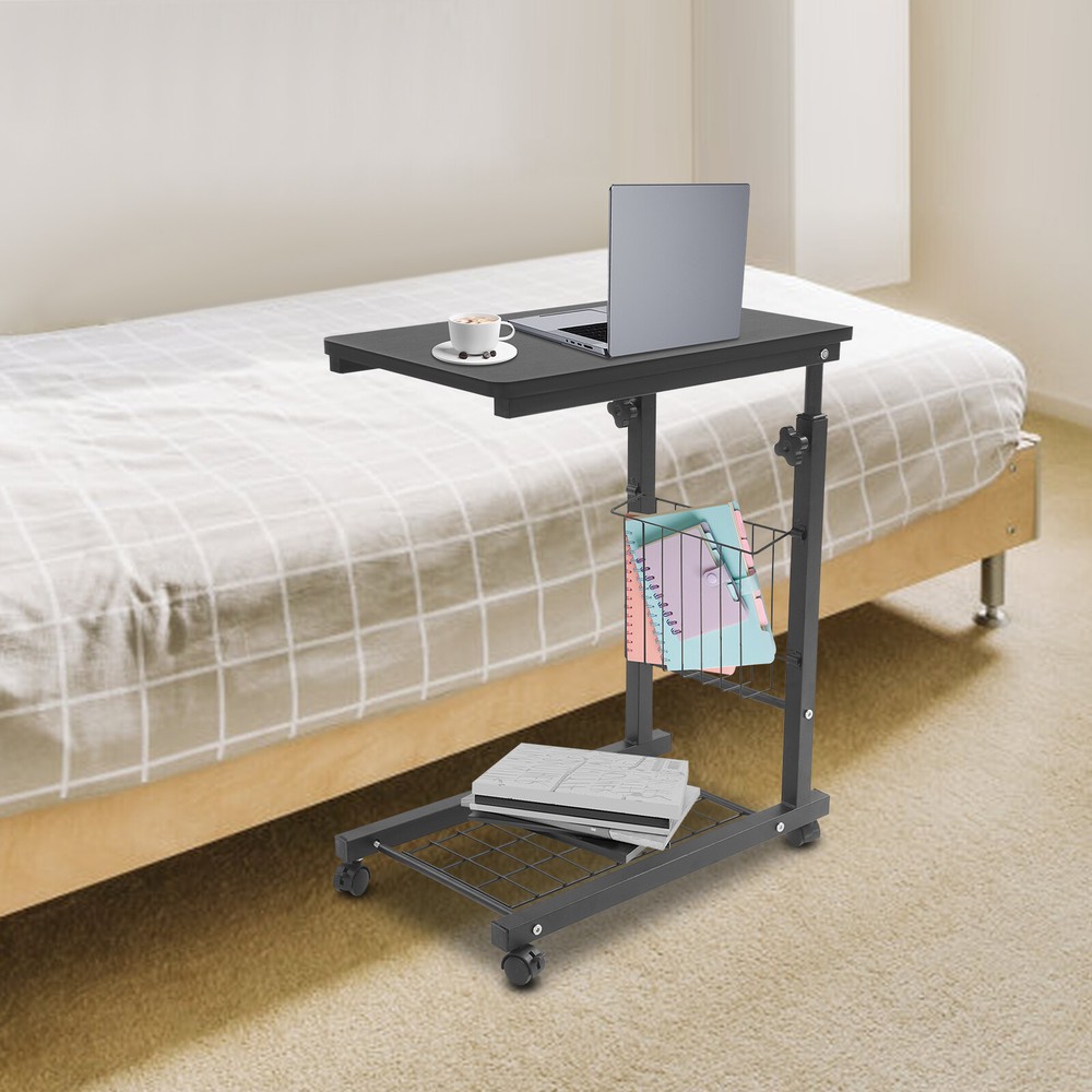 2 Tiers Adjustable Bed Side Table Black Indoor Mobile Standalone Table w/ Wheels