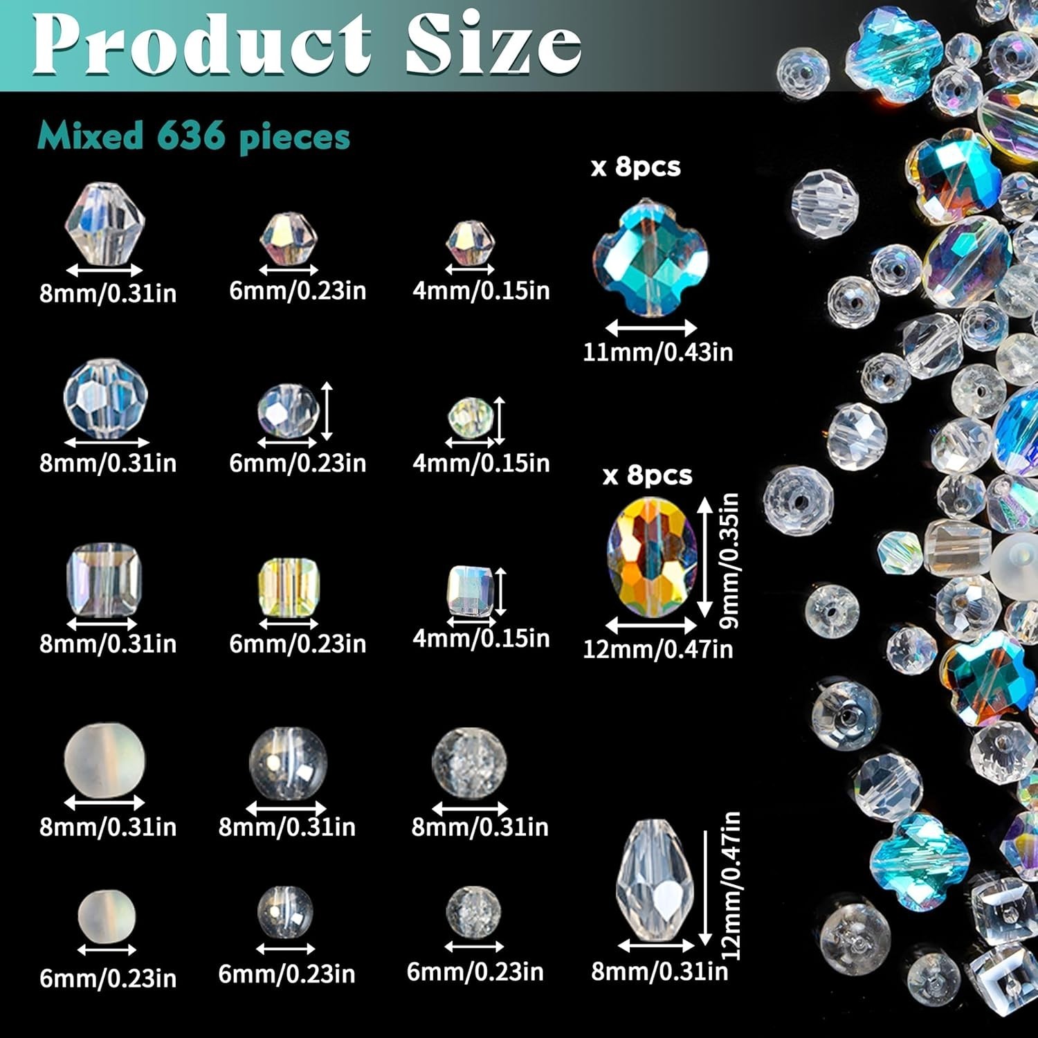 636Pcs Glass Beads for Jewelry Making, Assorted Crystal Beads with Loose Beads f