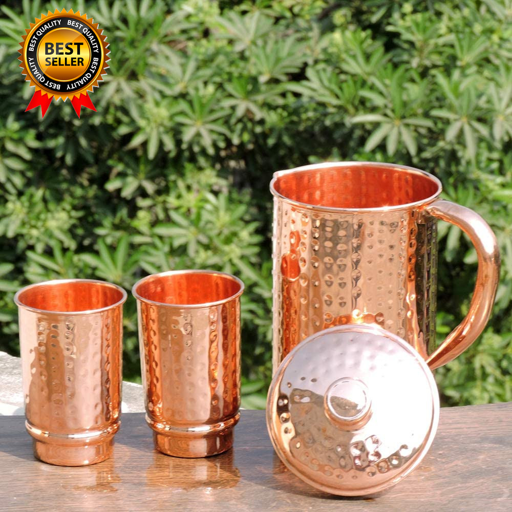 - Pure Copper Hammered Water Jug with 2 Hammered Copper