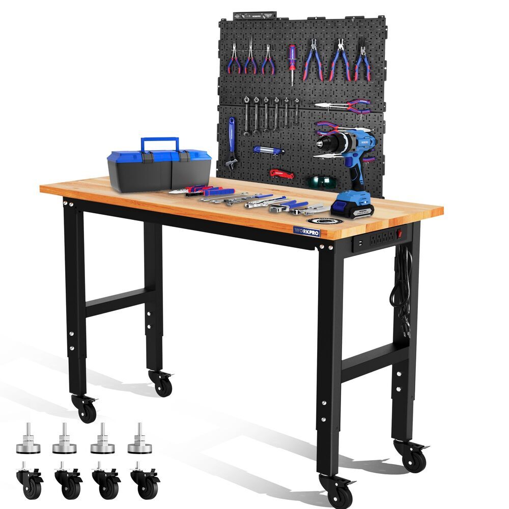 WORKPRO 48" Adjustable Workbench 1500LBS Load Capacity 2PC 16x32" Metal Pegboard