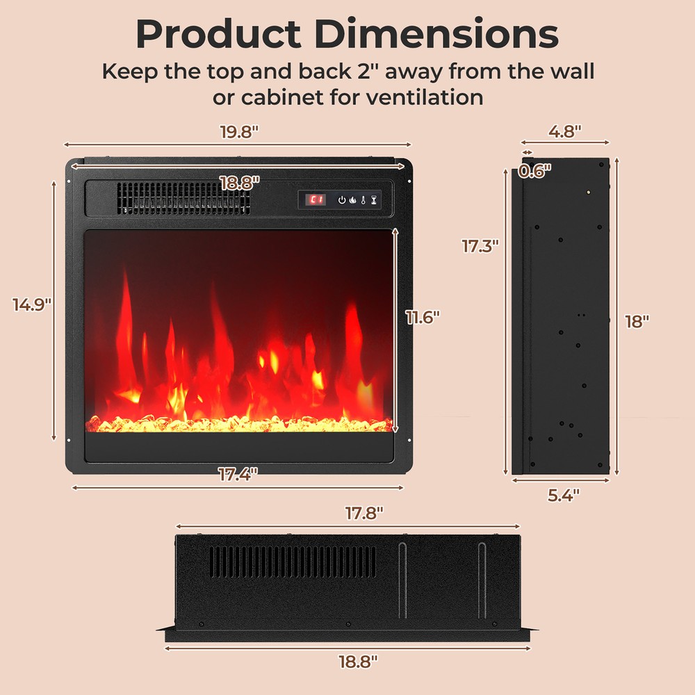 18" Electric Fireplace Insert w/Remote Control Adjustable Flame Color Brightness
