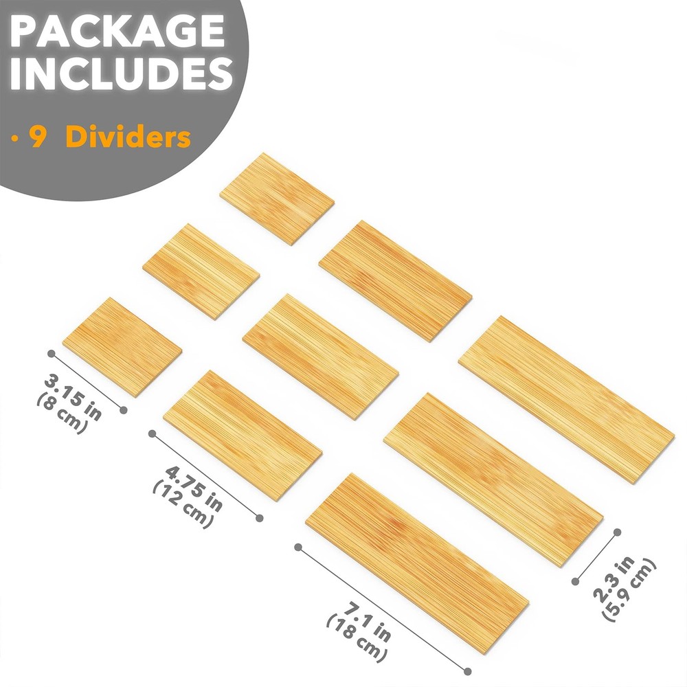 Bamboo Drawer Dividers Inserts, 3 Sizes, 9 Pack