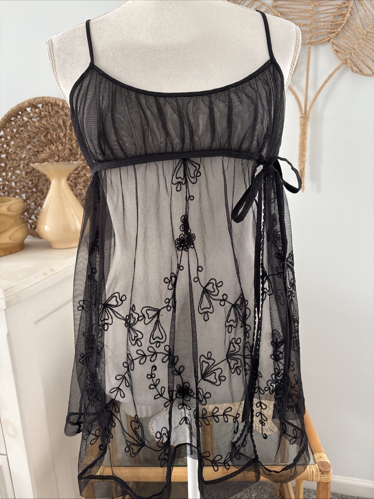 Victoria's Secret Babydoll Lingerie Dress Skirt Black Mesh Open Slit Large L