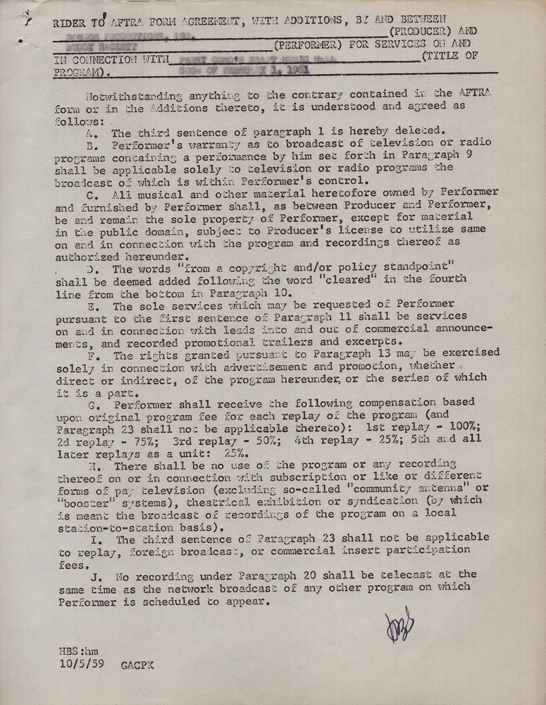 BUDDY HACKETT - CONTRACT DOUBLE SIGNED 12/13/1960