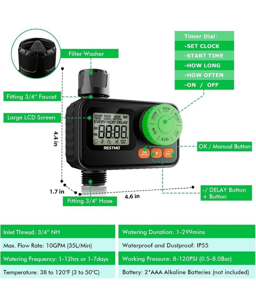 RESTMO Sprinkler Timer, Programmable Water Timer for Garden Hose, Automatic Cont