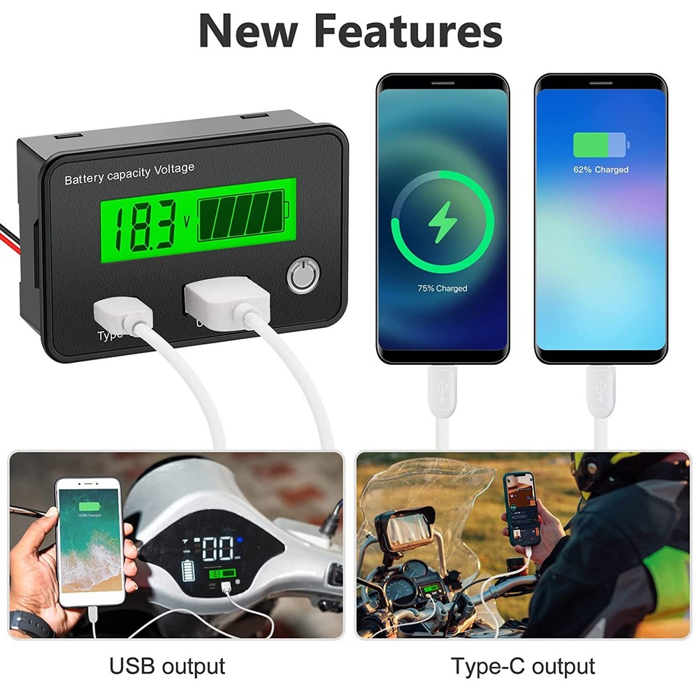 12V Voltage Battery Panel USB Digital Display Meter For Battery Car Motorcycle
