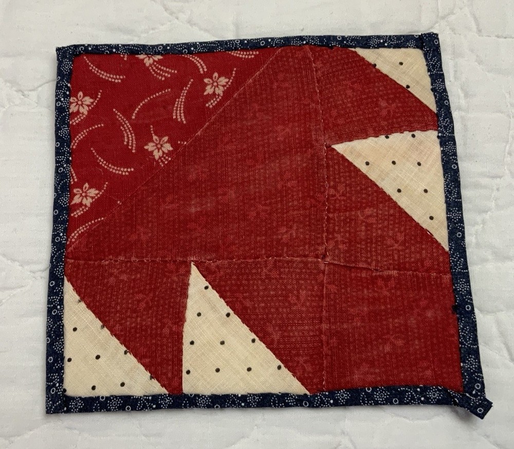 Antique Patchwork Quilt Table Topper, Early Calicos, Triangles, T’s, Red
