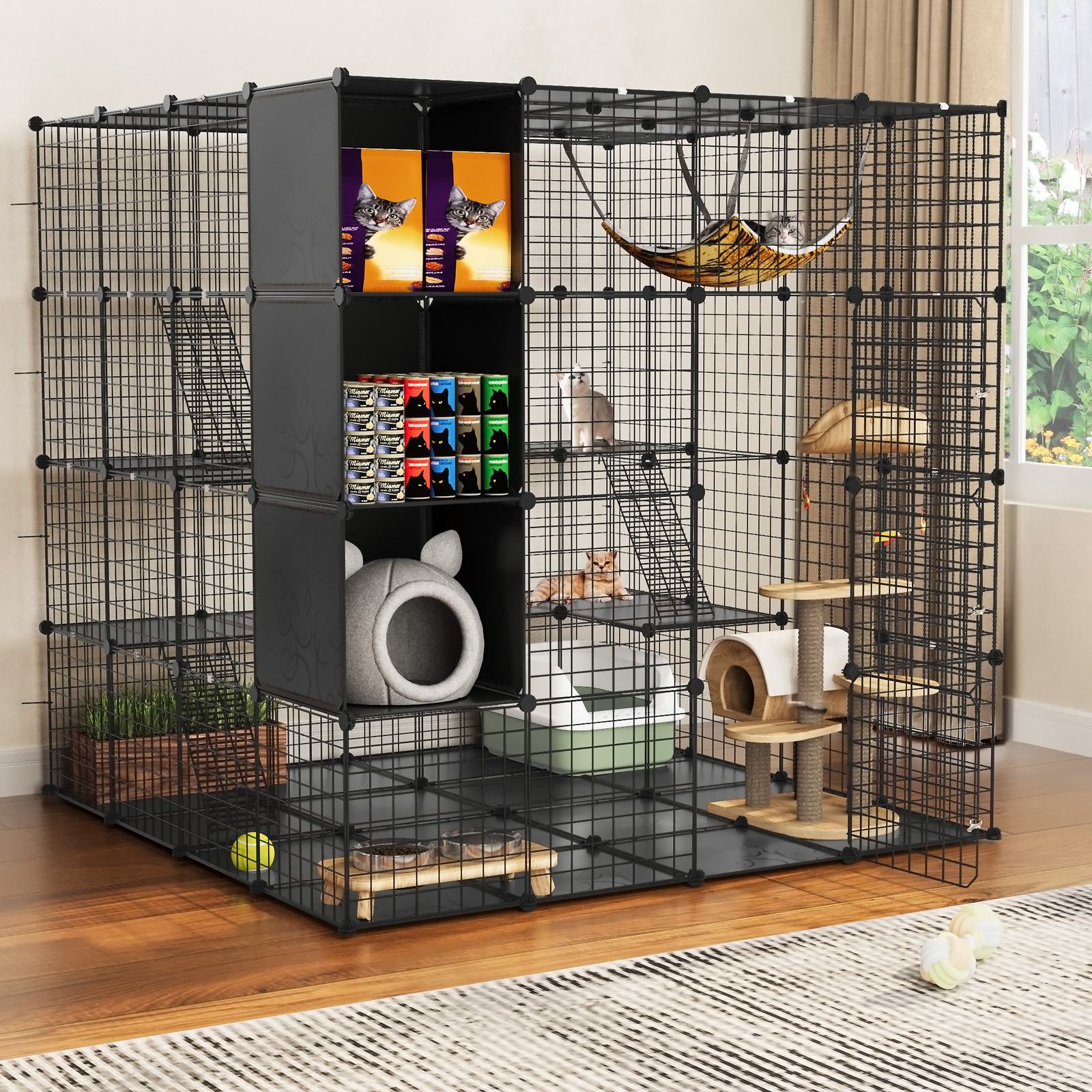 Large Cat Cage for 1-4 Cats with Storage Cube with Hammock 4 Tiers Cat Kennel