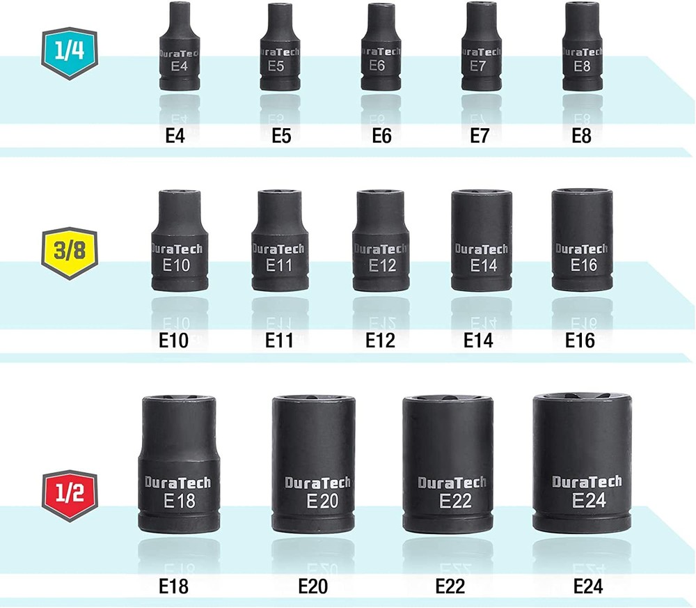 DURATECH 14PC External Star Impact Socket Set w/Case E4 to E24 1/4''3/8''1/2''