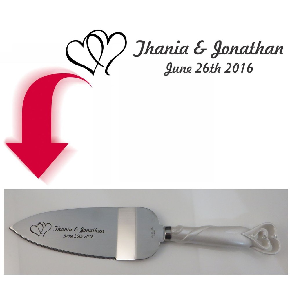 Cake Knife and Server Set - Linked Interlocking Hearts - Free Dark Engraving