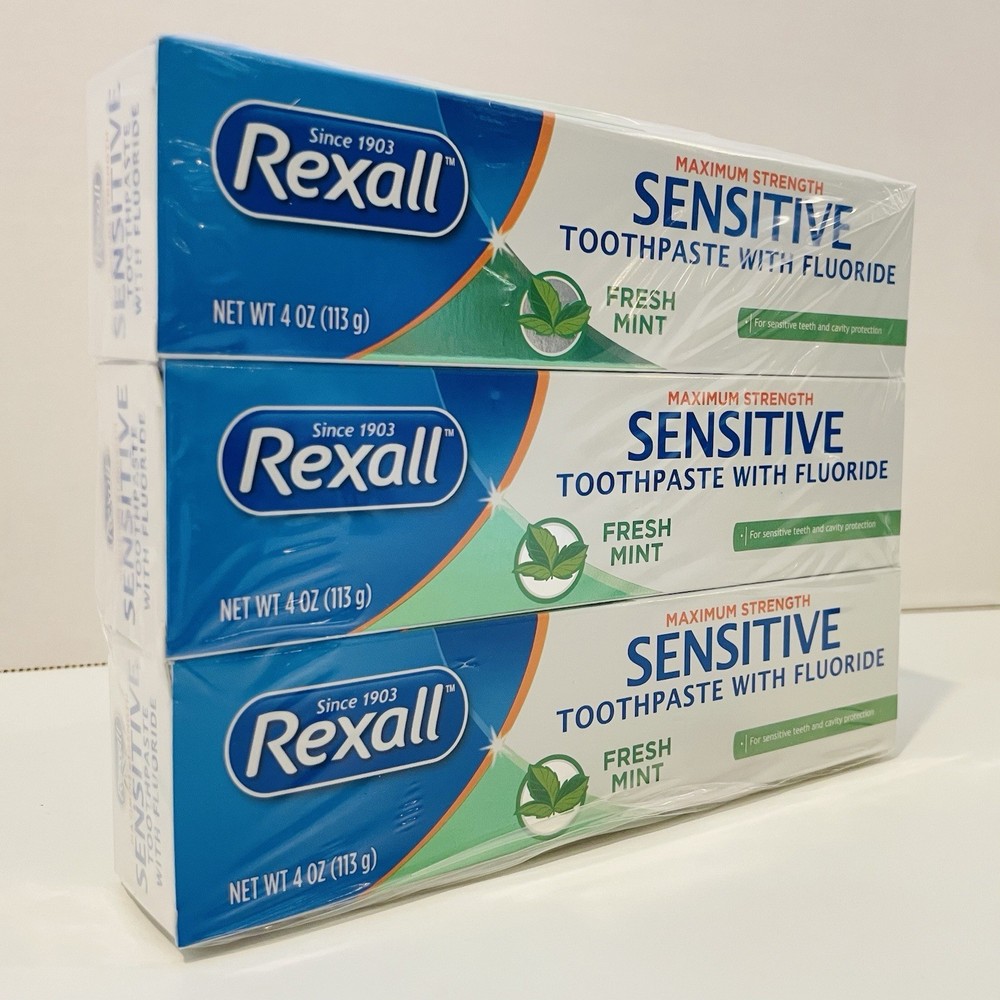 3-Pack Rexall Maximum Strength Sensitive Toothpaste w/Fluoride, Fresh Mint, 4 Oz