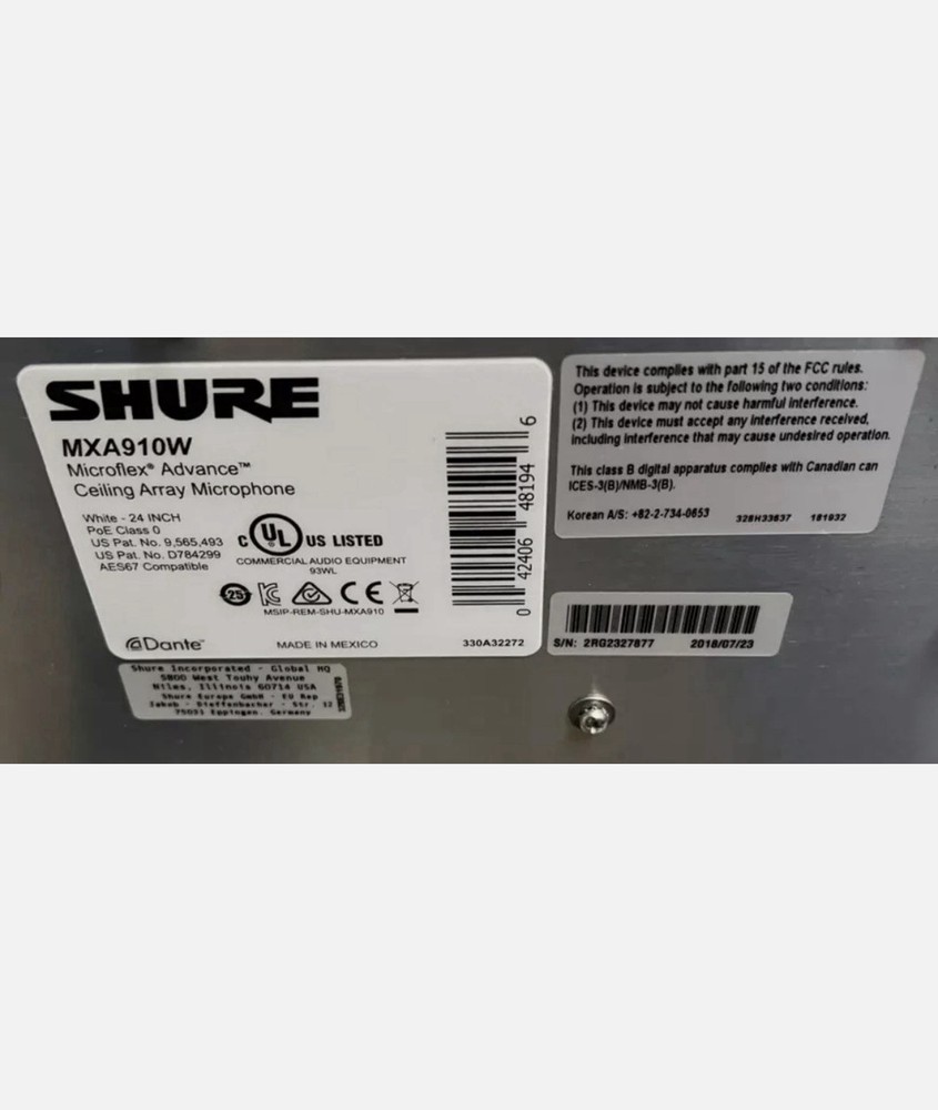 Shure MXA910W Microflex Wired Ceiling Array Microphone - TESTED!!