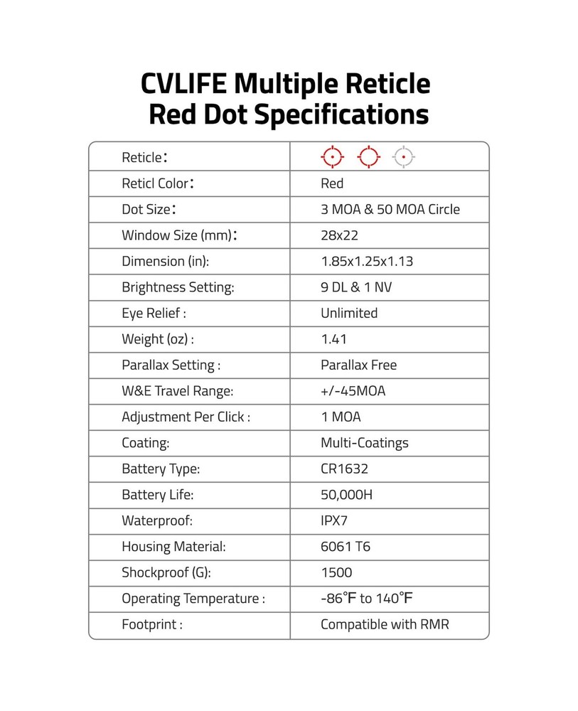 CVLIFE WolfCovert X S01 Competition Multiple Reticle Red Dot, 3 MOA Dot & 50 ...