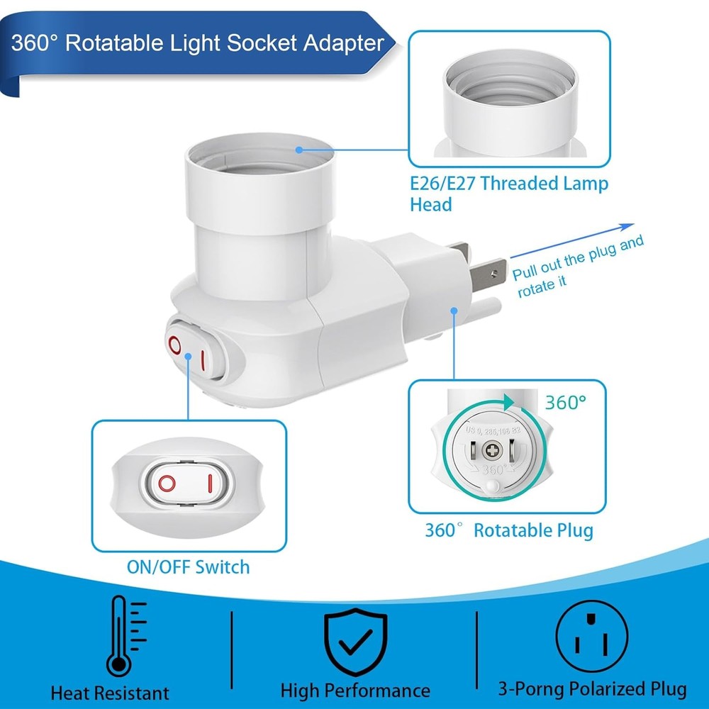 3 Prong Light Bulb Socket Adapter, 360° Rotatable Plug with On/Off Switch