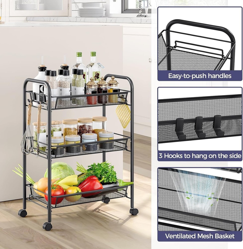 Versatile 3-Tier Rolling Utility Trolley - Space-Efficient Organizer with Hooks