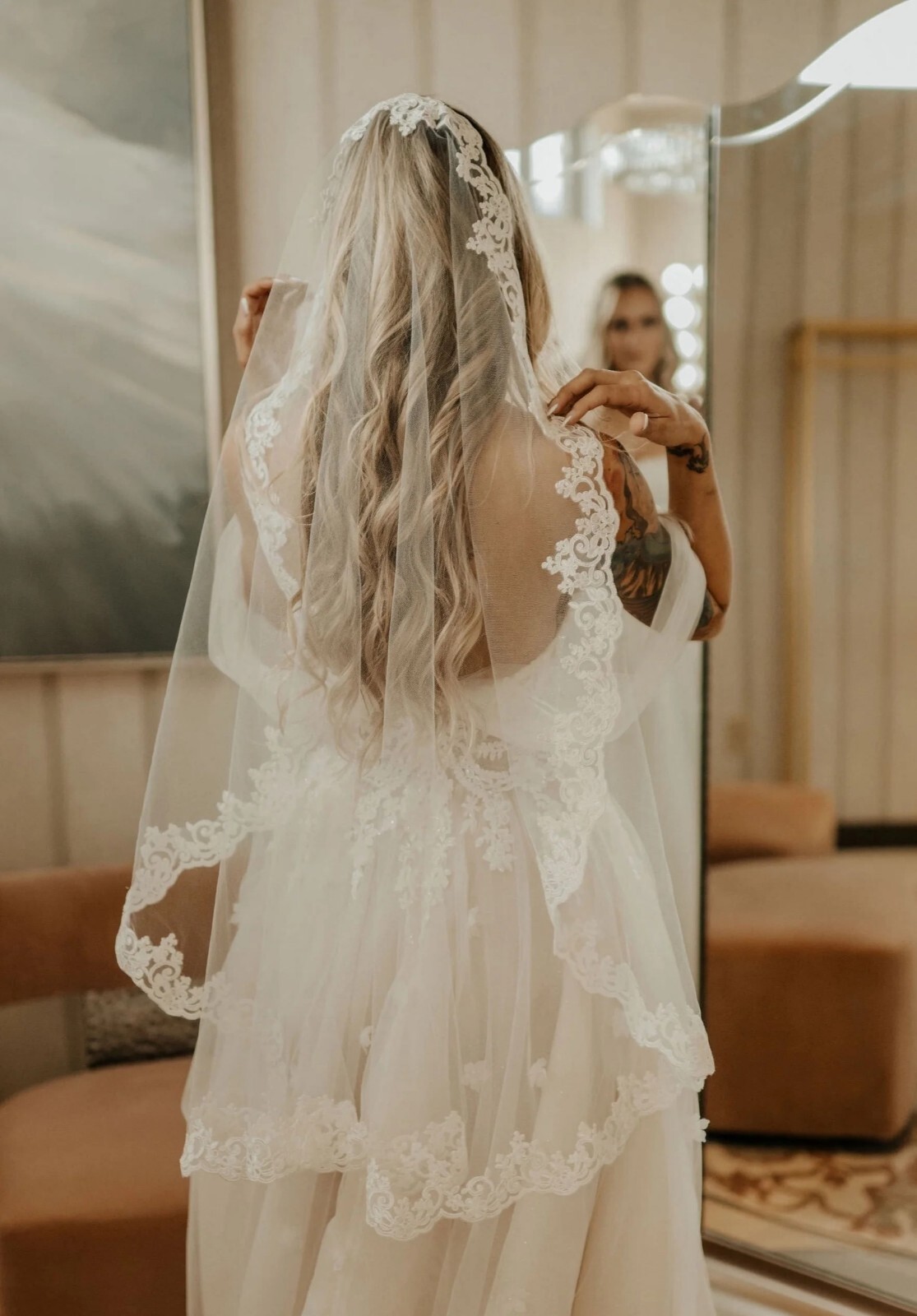 Bridal mantilla Veil with lace edge fingertip length lace bride veil