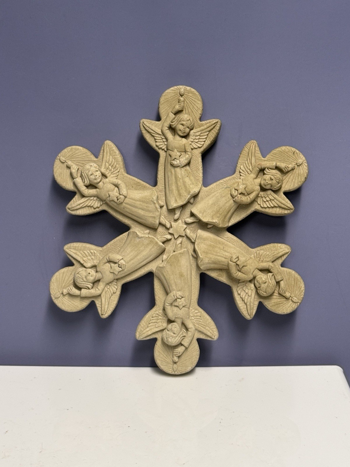 Hand Cast Stone Snowflake Shaped Ornament W/Angels Wall Decor By George CARRUTH