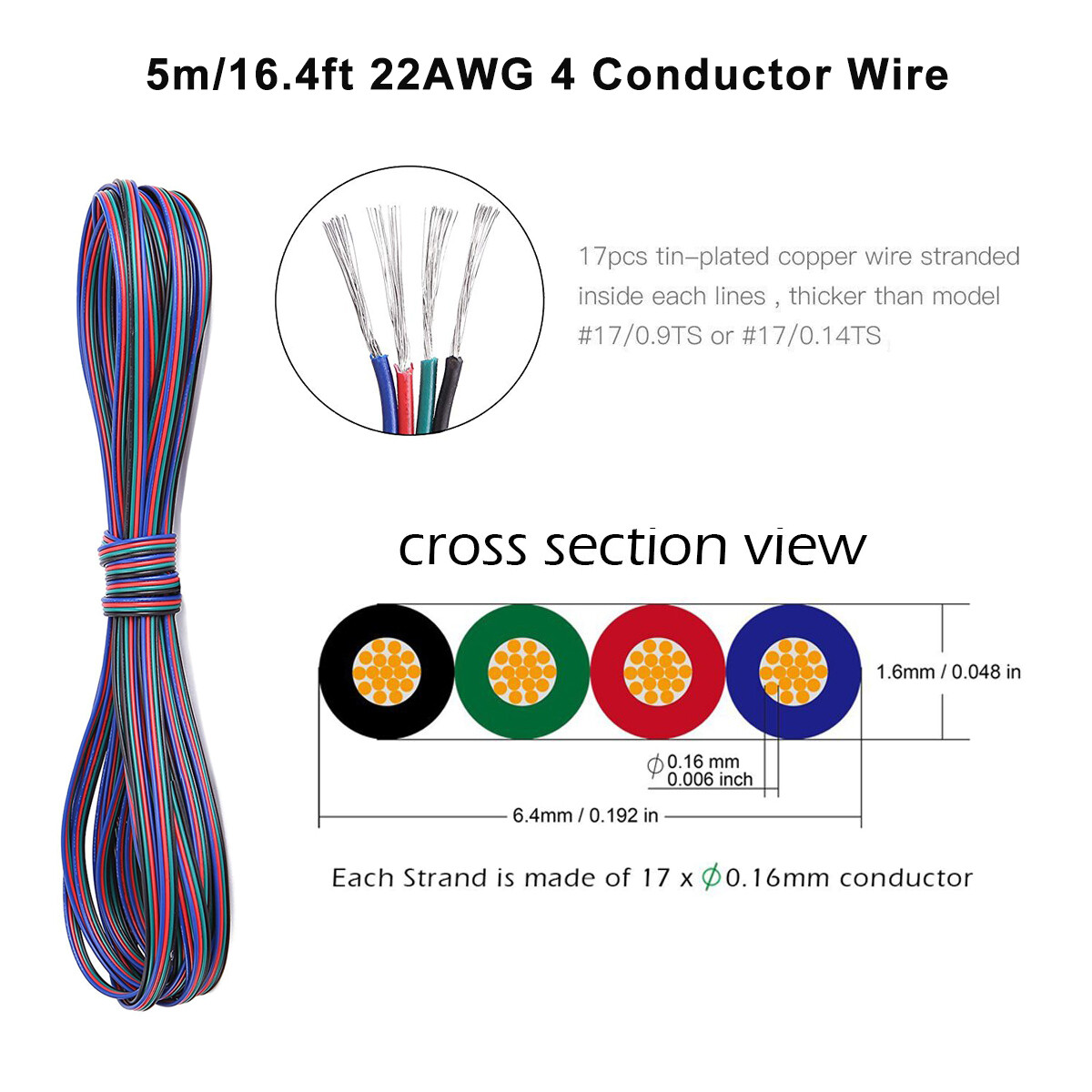 10PCS RGB LED Connector 4 Pin for LED Strip Light with 16ft/5M Extension Cable