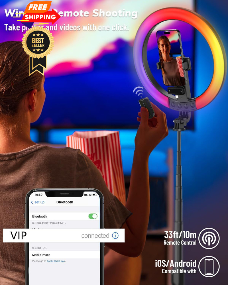Yeaki Vlogging Kit for iPhone/Android - 10" Selfie Ring Light with 74"...