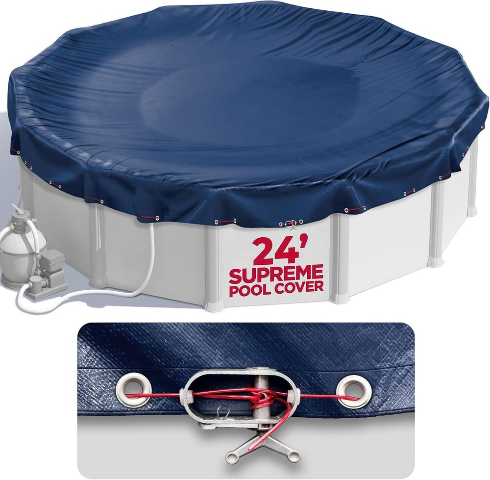 Navy Blue 24 ft Pool Cover with Drawstring for Easy Installation & Security
