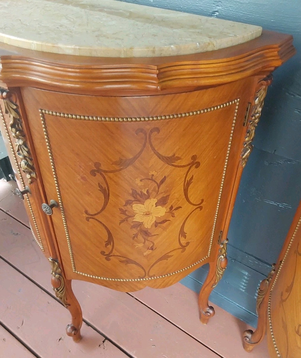 Vintage French Demilune Inlayed Wood End Tables w/Marble Tops 30 Tall X 23" Wide