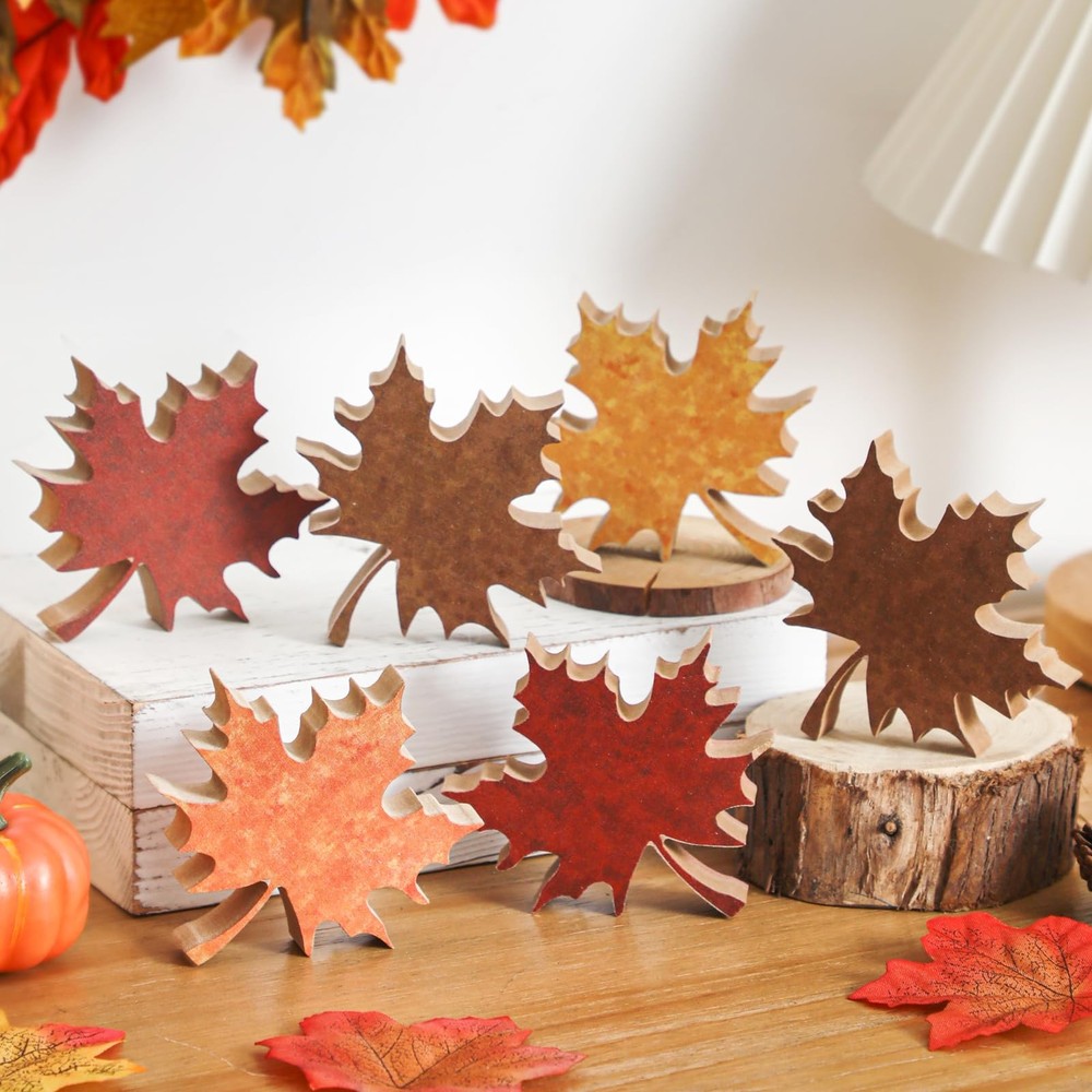 6PCS Fall Leaves Tiered Tray Decor Wooden Fall Maple Leaf Blocks Table Decora...