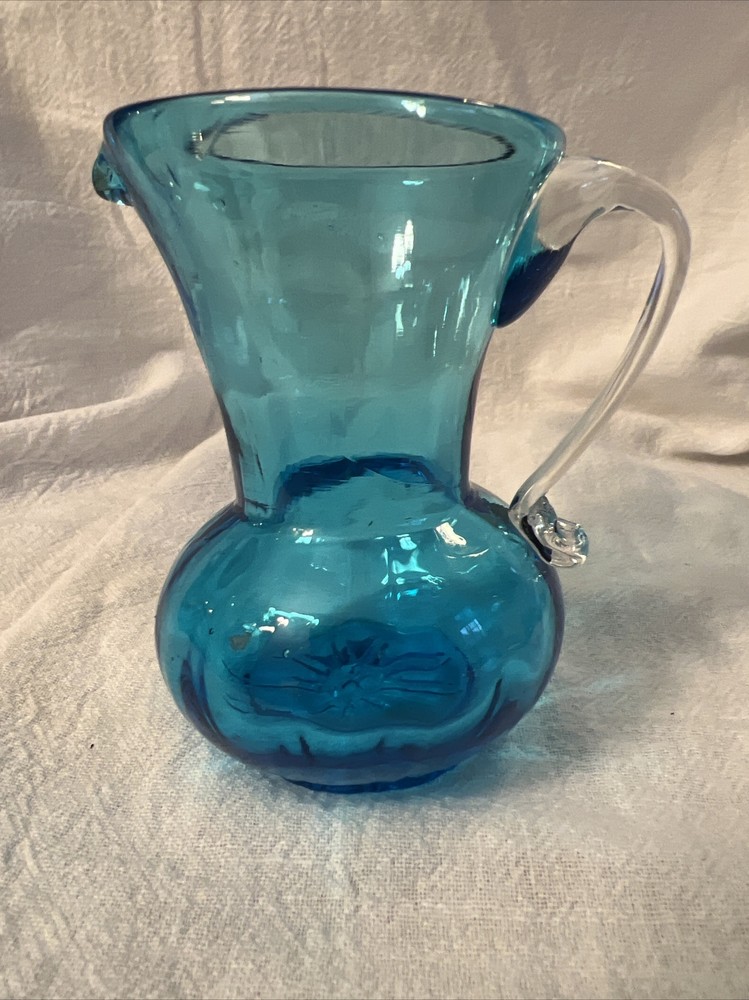 Handblown Mini Pitcher Blue With Clear Applied Handle 3.5”
