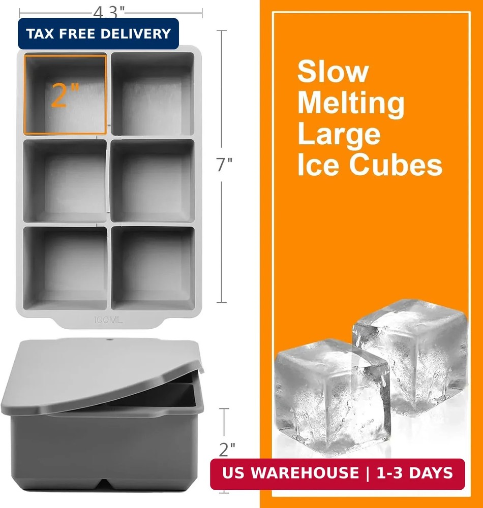 Nax Caki Large Ice Cube Tray with Lid, Stackable Big Silicone Square Ice Cube Mo