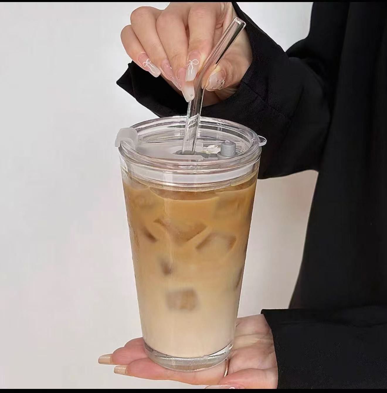 16 OZ Glass Coffee Cup with Straw - Reusable, Perfect for Home, Office