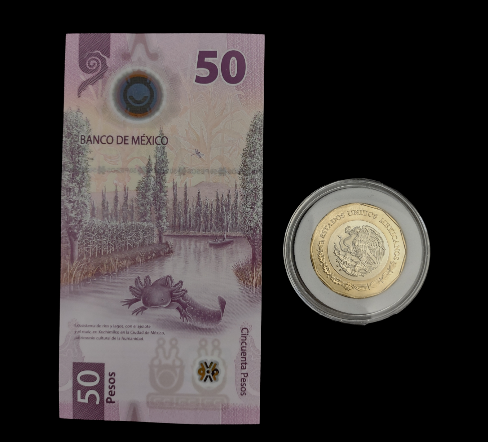 50 PESOS BILL MEXICO AND 20 PESO COIN FUNDACION DE TENOCHTITLAN BILLETE MONEDA