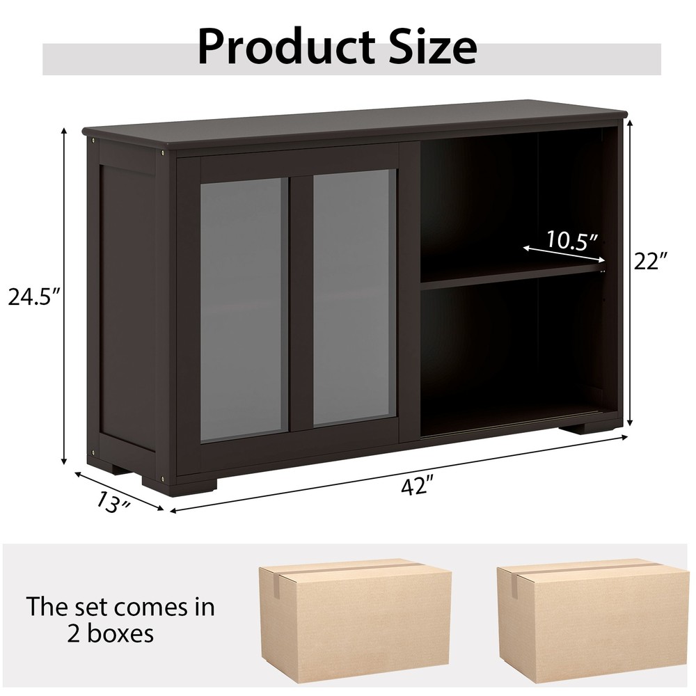 2PCS 2-Door Stackable Buffet Sideboard w/Sliding Tempered Glass Doors Brown