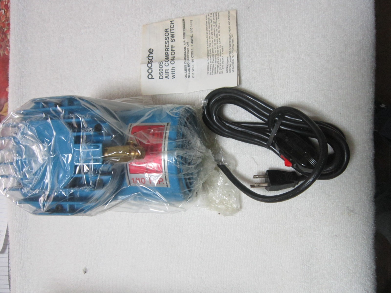 PAASCHE D500S AIR COMPRESSOR WITH ON/OFF SWITCH 1/10 HP 115 VOLT OILESS NEW